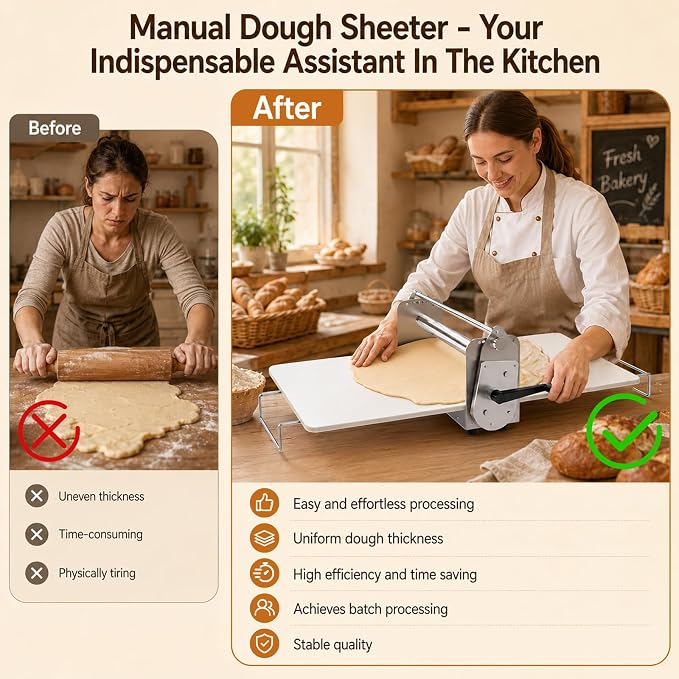 Manual Dough Sheeter, Counter Top Dough Sheeter, Compact Dough Sheeter Machine For Bakery Pizza，12 IN Wide Dough Machine With Adjustable Thickness, 304 Stainless Steel