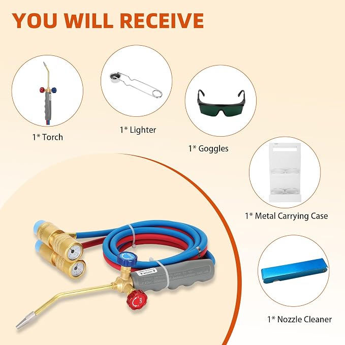 Update Oxygen MAPP Torch Kit, Dual gauge design, With portable cylinder metal stand and lighter, for Heating, Soldering, Glass Blowing, Oxypropane Welding Gas Cutting Torch Kit