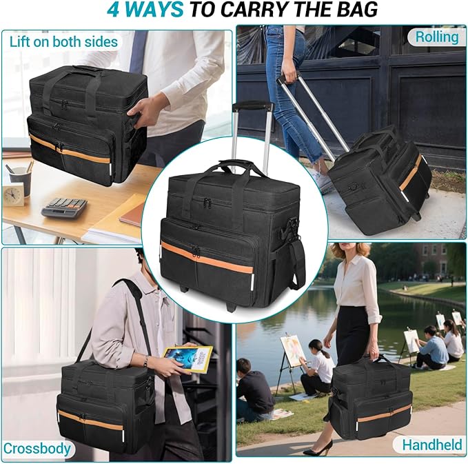 ORKELS Rolling Teacher Bag with Removable Trolley, Wheeled Teacher Tote for 17.3 Inch Laptop, Large Rolling Work Bag with Organized Storage for Books, Files, Lesson Plans & Classroom Supplies