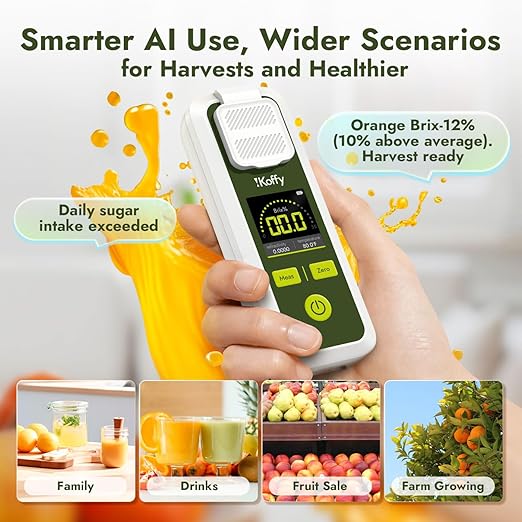 AI Digital Brix Refractometer with ATC, APP Sync & AI Analysis, 0-55% Range, ±0.1% Accuracy, Waterproof & Rechargeable, for Fruits, Vegetables, Juices & Beverages