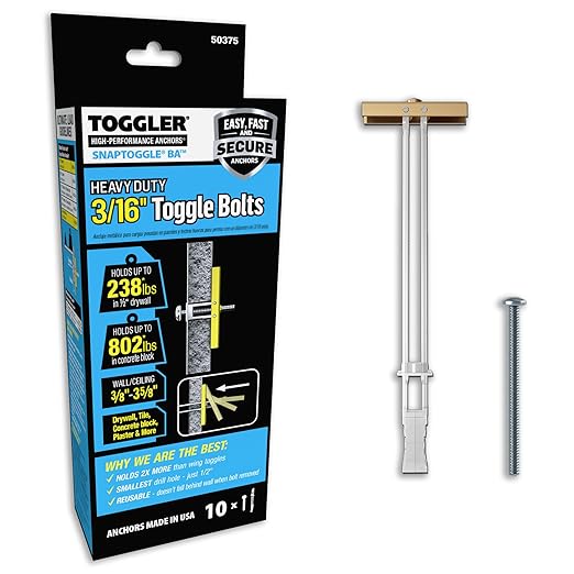 TOGGLER SNAPTOGGLE BA Toggle Anchor with Bolts, Zinc-Plated Steel Channel, Made in US, 3/8" to 3-5/8" Grip Range, For 3/16"-24 UNC Fastener Size (Pack of 10)