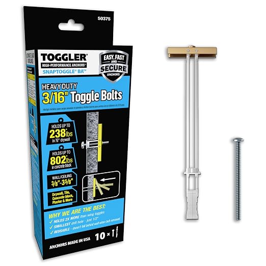 TOGGLER SNAPTOGGLE Heavy-Duty Drywall Toggle Bolt – 3/16"-24 UNC Zinc-Plated Anchor for Hollow Walls, Plaster & Tile – Holds 238 lbs in 1/2" Drywall, Easy Install – 2 Pack (Bolts Included)
