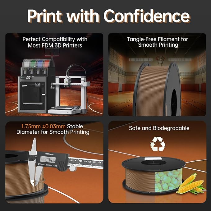 BIQU PLA-HR Flexible 3D Printer Filament Specifically for Printing Airless Basketballs, 1.75mm 1KG Spool (2.2lbs), Flexi Tough Filament Compatible with Most FDM 3D Printer (Brown)