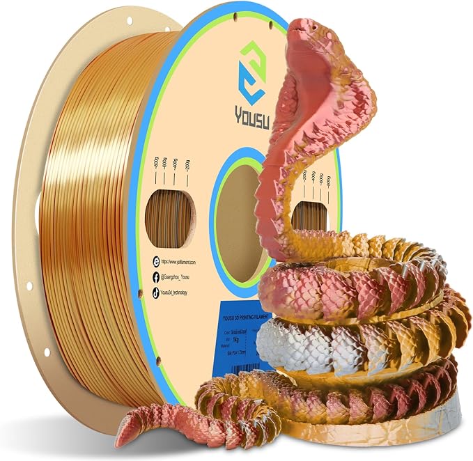 YOUSU PLA Filament1.75mm, Triple Color Coextrusion Silk 3D Printer Filament 1.75mm for 3D Printer & 3D Pen, Multicolor PLA Rainbow Filament, 1kg(2.2lbs) Silk PLA Gold Silver Copper.