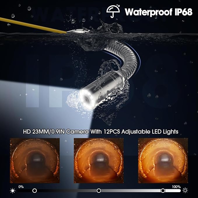 Sewer Camera 200FT,8500mAH 32GB HD JQKJCAM Duct Drain Pipe Inspection Camera with 12 Light,4.3" HD Video Screen,23MM/0.9'' Waterproof Plumbing Snake Cameras for Plumber Inspector (60m)