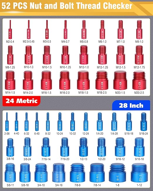 Thread Checker, 52pcs Nut and Bolt Thread Checker, 28 Inch & 24 Metric Box Set Thread Gauge, Bolt Size Finder for Size Check on Tricky and Narrow Area
