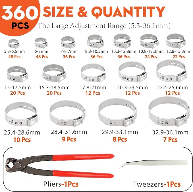 360Pcs 304 Stainless Single Ear Hose Clamp Kit with Pliers for PEX & Auto | 16 Size Leak-Proof Oetiker Style Crimp Clamps,Rustproof 304 SS for Fuel Lines, Marine & Home Plumbing,Stop Leaks Forever