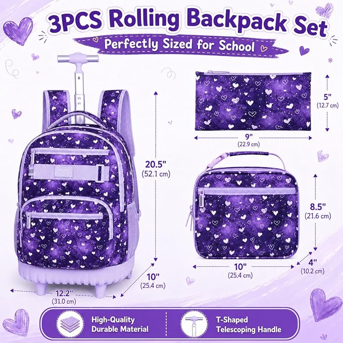 3Pcs Rolling Backpack for Girls Teens, 19" Wheeled Backpack with Lunch Box, Polka Dots Travel Roller Backpack for Women College Students (Purple)