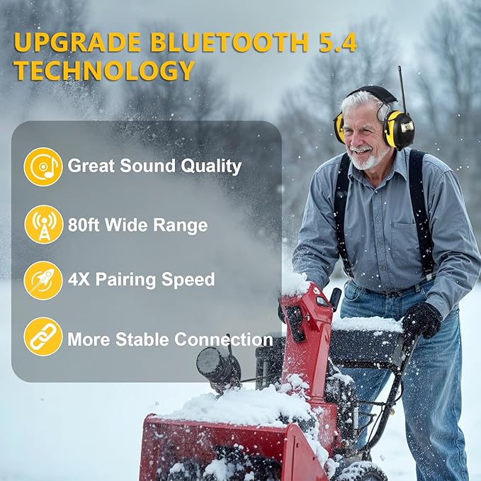 BJKing Upgraded 5.4 Bluetooth Hearing Protection AM/FM Radio Headphones, 30dB SNR Safety Earmuffs, Ear Protection for Mowing, Workshops, and Snowblowing, Black