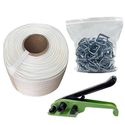 Heavy Duty 770Lbs Break Strength 1/2" x 1480’ Woven Cord Banding Strapping Kit, Woven Cord Tensioner, 100 pcs Galvanized Wire Buckles and Woven Cord Roll