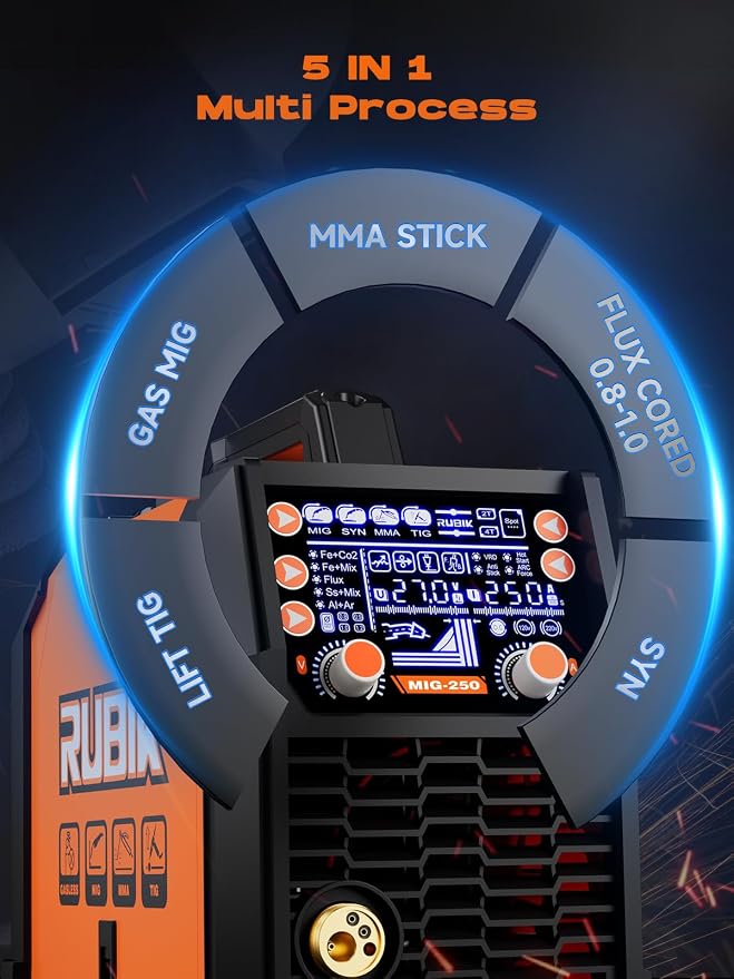 RUBIK Aluminum MIG Welder 250Amp, 5 in 1 MIG/Stick/Lift TIG Welder | Gas Gasless Digital MIG Welder 110V/220V Dual Voltage LCD Display Welding Machine, Professionals Multi Process Welder