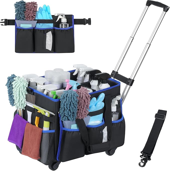 Large Rolling Cleaning Caddy Bag with Detachable Trolley, Cleaning Supplies Organizer Caddy on Wheels with Multi-pocket & Waist Pouch, Water Resistant Cleaning Cart with Shoulder Strap for Housekeeper