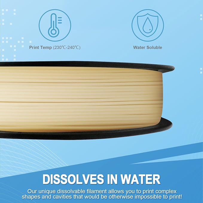 Yousu PVA Filament 1.75mm, Water Soluble Support 3D Printer Filament, 0.5kg, Natural PVA, Softens in 55-60°C Water Temperature for Easy Removal of Filament Support