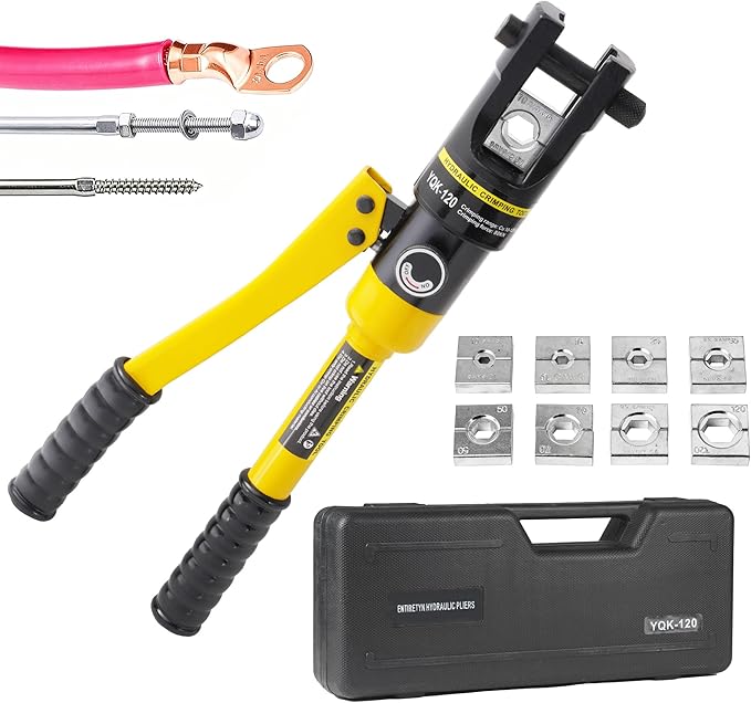 Cable Lug Crimping Tool, 8 AWG to 250 MCM Hydraulic Plier, 12 Ton Hand Crimping Tool for Wires, Terminal, Lug, Crimping Tool Kit with 8 Dies