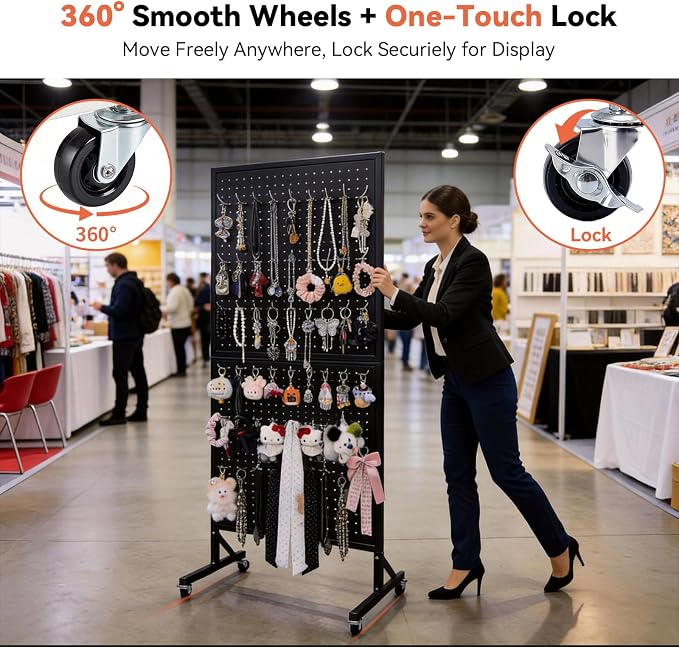2'×5.5' Standing Peg Board Display Stand with Wheels & 30 Hooks & T-Base, Metal Portable Heavy Duty Pegboard Display Rack with Locking Casters for Retail Store, Craft Show, Vendors, Art Display Black
