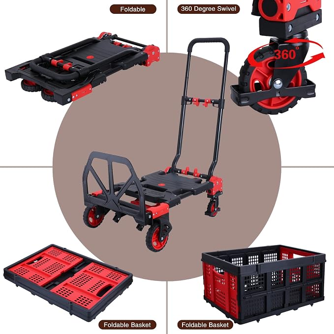 2-in-1Hand Truck Dolly Foldable with Folding Basket,330LBS Capacity Handtruck,Hand Truck Foldable Dolly with 4 Wheels,Dolly Cart with Retractable Handle,Folding Hand Cart for Moving