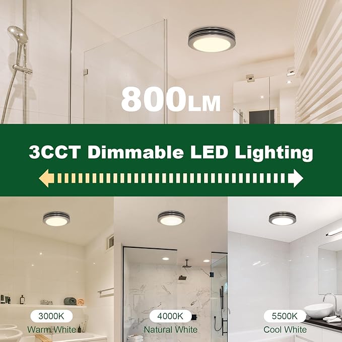 Akicon Bathroom Exhaust Fan with Shower Light, 80 CFM 2.0 Sones Round Bathroom Fan Light Combo, Dimmable 3CCT LED Lights Vent Fans with Acrylic Cover for Shower Room, Home (Brushed Nickel)