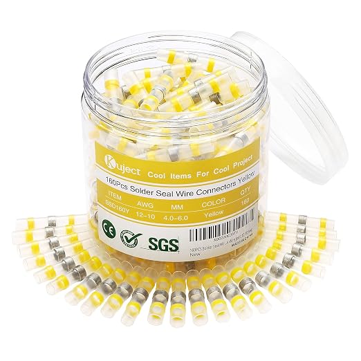 Kuject 160PCS Yellow Solder Seal Wire Connectors, Waterproof Self Solder Heat Shrink Butt Connector Electrical Butt Splice for Automotive Marine Boat Trailer Truck 12-10 Awg