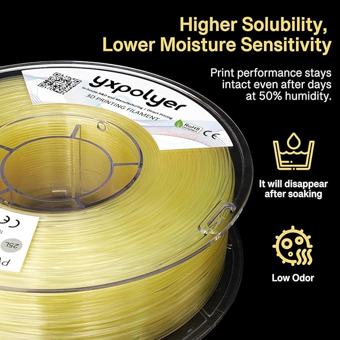 YXPOLYER PVA Filament 1.75mm 1kg Support Material for PLA, PETG, ABS, Fast Water Soluable in 6 Hours, AMS-Compatible Spool