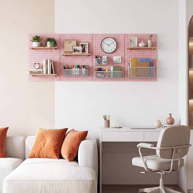 4 Pcs 24”×16”Metal Pegboard Panels, Heavy Duty Peg Boards with Hooks, Steel Organization Panels for Garden Tool Storage, Walls Home, Office, Pink