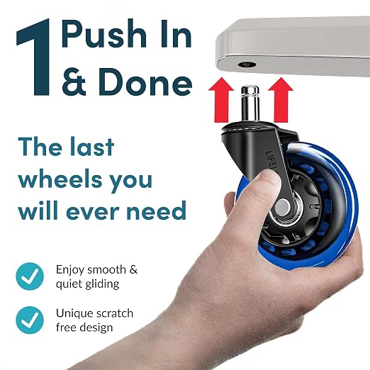 Lifelong Original Office Chair Wheels (As Seen On CNN) Replacement Rubber Chair Casters for Hardwood Floors & Carpet, Set of 5, Heavy Duty Casters for Chairs to Replace - Fits 98% (Blue)