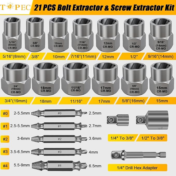 Topec 21 PCS Bolt Extractor Kit, 3/8" Drive Bolt & Nut Remover Socket Set, HSS 4341 Small Screw Extractor Set, 2-in-1 Removal Tool for Stripped, Broken, Damaged, Rounded Nuts, Screws