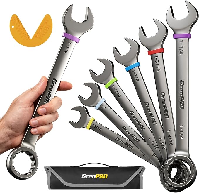 GRENPRO 15/16"-1-1/4" Large SAE Wrench Set, Combination Open End Wrench Set | Color Rings, Roll Up Pouch, Nickel Rust-Proof Coating, CRV Steel, Free Gauge for Quick Size Matching