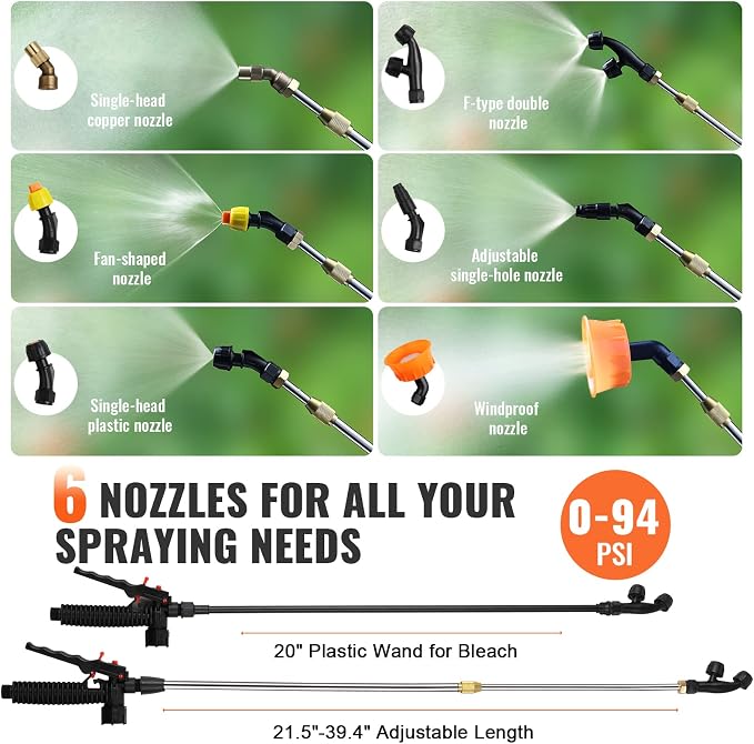 VEVOR 4 Gallon Battery Powered Backpack Sprayer with Wheeled Cart, Adjustable 0-94 PSI, 13FT Hose, 6 Nozzles, 2 Wands Included, Wide Mouth Lid for Weeding, Cleaning, Long Spray Time Without Fatigue