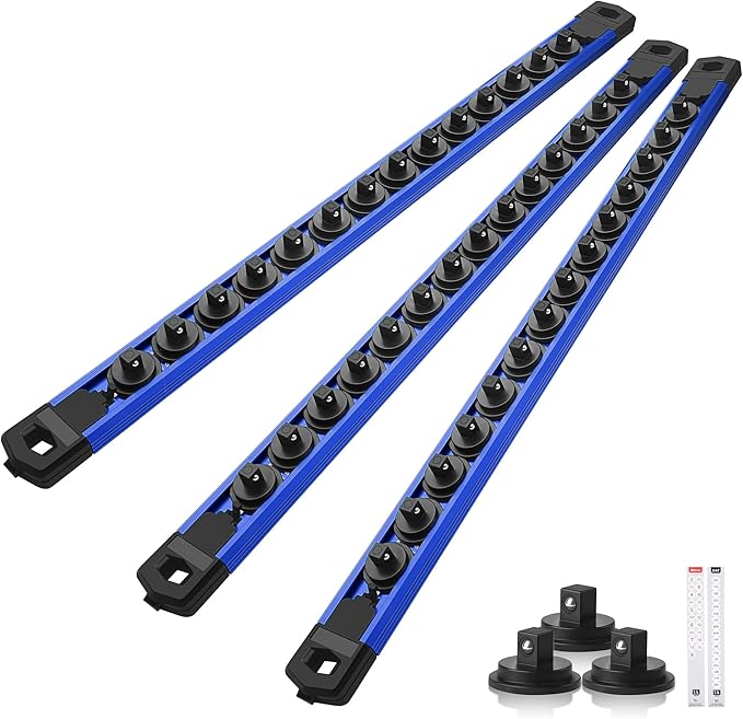 Reniteco Magnetic Socket Organizer Set, 3PC 1/4-Inch Drive Aluminum Alloy Socket Rail, Heavy Duty Magnetic Socket Holder for Tool Box Drawer, 360° Swivel Socket Rack, 1/4" x 42 Clips, Blue