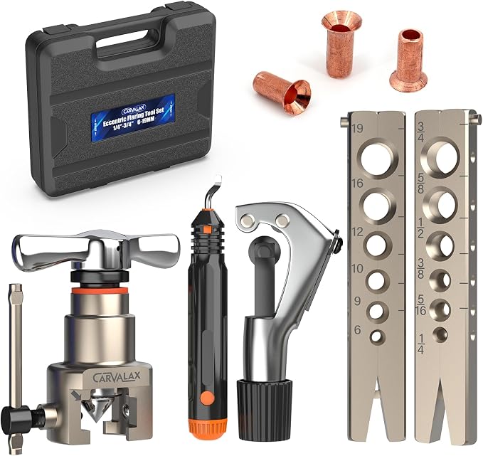CARVALAX 45° Precision Eccentric Flaring Kit，Metric/Imperial Clamps (2 Clamps) for 6-19mm & 1/4"-3/4" Pipes, Includes Cutter, Deburring Tool & Hard Case for HVAC & Refrigeration Repair