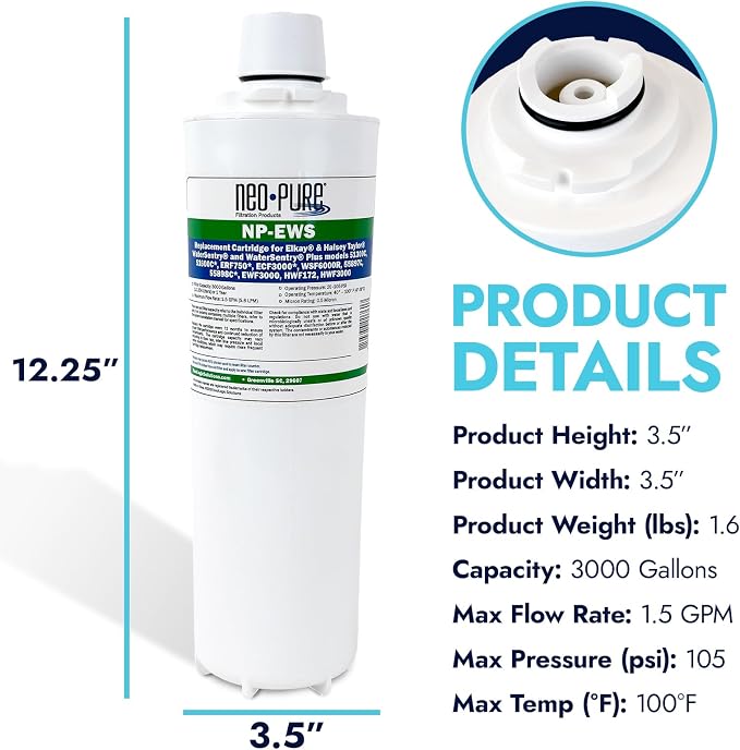 Neo-Pure NP-EWS Elkay Compatible Replacement Filter for the Elkay 51299C, 51300C and WSF6000R and Halsey Taylor 55898C - Single