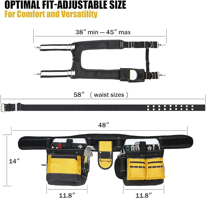 Tool Belt with Suspenders for Men, Heavy Duty Construction Tool Belt with 32 Pockets, 1680D Ballistic Material, Reflective Strips for Safety, HVAC Toolbelt for Men