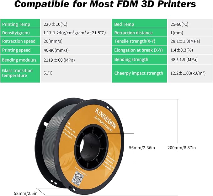 Kingroon PLA 3D Printer Filament, Dimensional Accuracy +/- 0.02 mm, 1 kg Spool(2.2lbs), 1.75 mm，Grey
