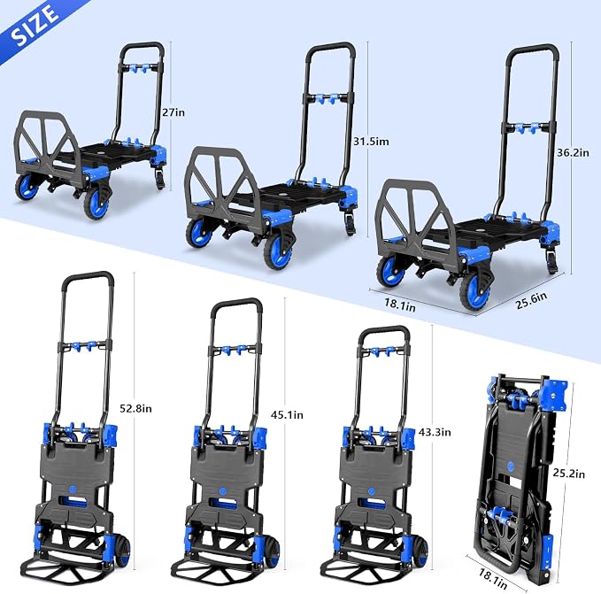 2-in-1 Hand Truck Dolly, 330LB Heavy Duty Carrying Portable Handtruck, Folding Hand Dolly with 4 Wheels&Retractable Handle for Moving, Luggage, Shopping, Office