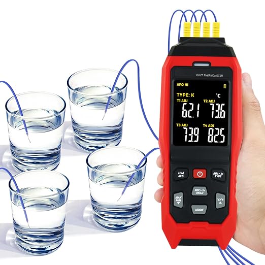 Thermocouple Thermometer Temperature Data Logger 4-Channel K/J/T Type Thermometer with 5000 Groups Data Logging and USB Export, -328~2501℉ Range HVAC Thermocouple Meter with Alarm & ADJ Compensation