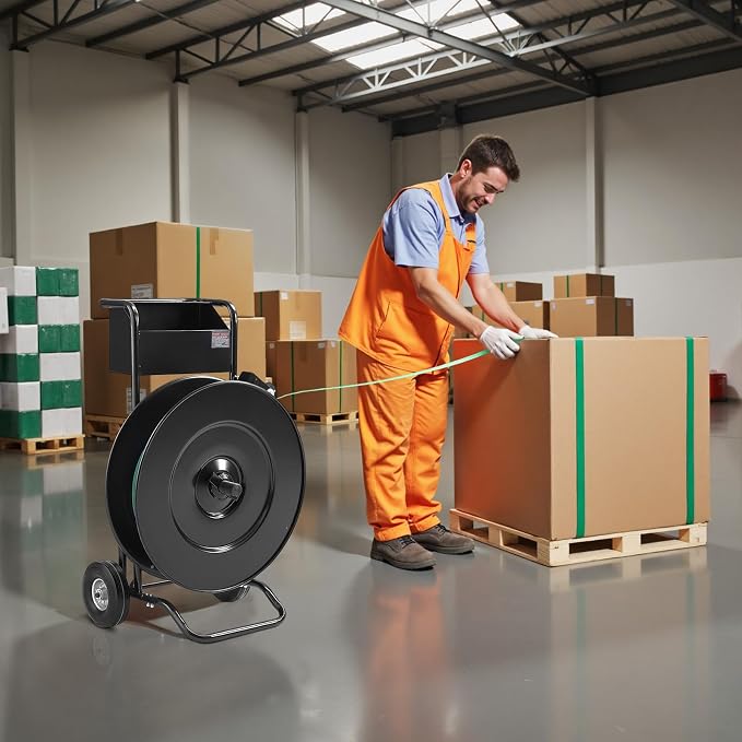 VEVOR Banding Strapping Cart, for PET/PP Coils with 8" or 16" Core, Heavy Duty Strapping Dispenser with Upgrade Drum Brake System, Rubber Wheels and Built-in Spacious Tool Tray, 110 lbs Capacity