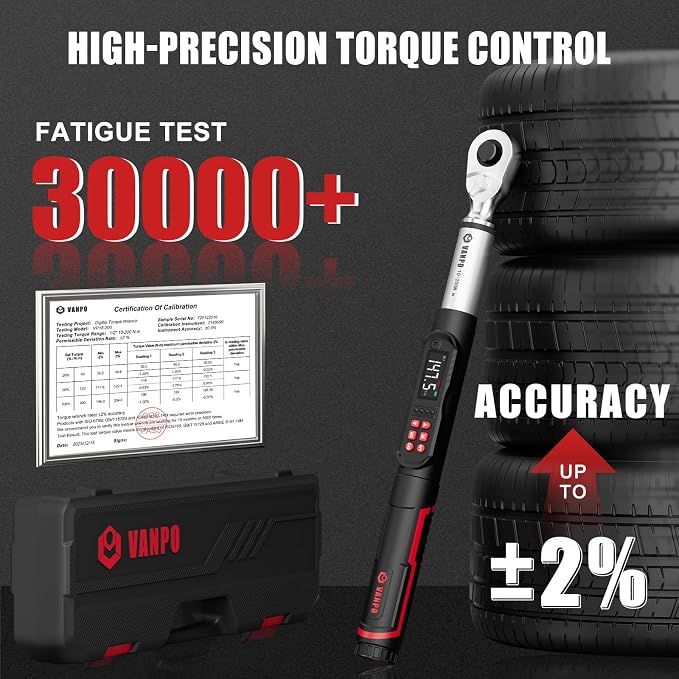 VANPO Digital Torque Wrench 1/2-Inch 7.38–147.5 ft-lb for Automotive | 10–200 Nm, ±2% Accuracy, Electronic Torque Wrench with LCD Display, Audible & Vibration Alert, Easy Battery Access
