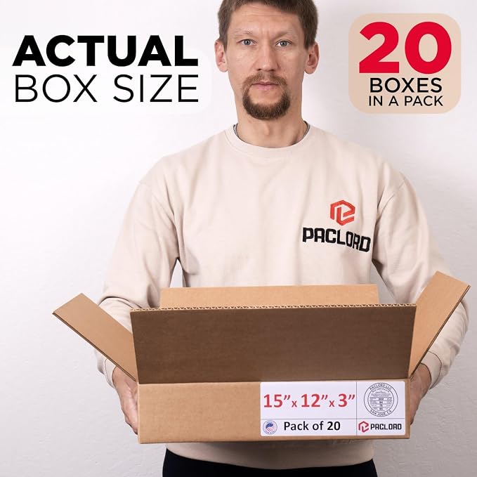 Flat Cardboard Boxes 15"L x 12"W x 3"H (Pack of 20) - USA-Made Packing Boxes for Moving, Shipping, or Storage - USPS, UPS, FedEx Approved - Professional Packing Supplies for Moving | USA-Made Packing Boxes for Moving, Shipping, or Storage - USPS, UPS, ...