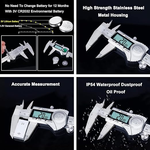 Kynup Digital Caliper 6 Inch Measuring Tool, Professional Stainless Steel Electronic Micrometer with Large LCD Screen, Vernier Caliper, Inch Metric Fraction Conversion, Auto-Off, IP54 Splash Proof