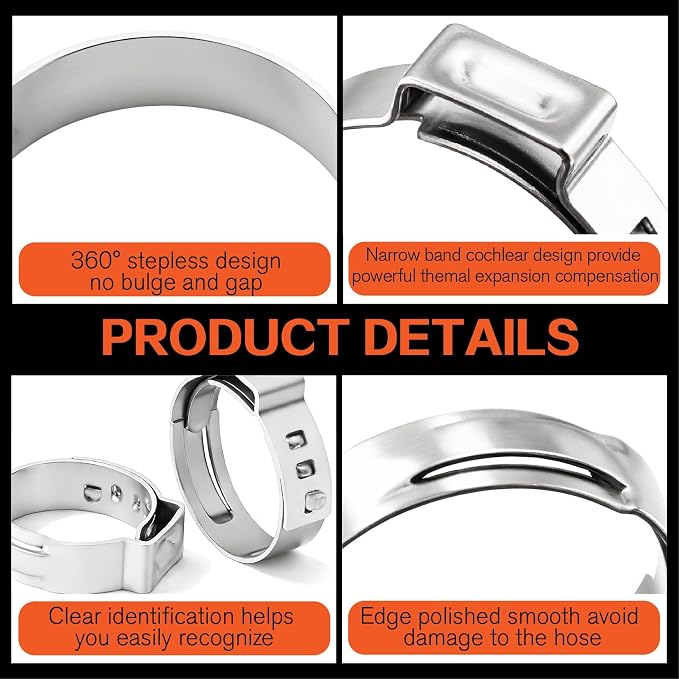 560PCS 22 Sizes Single Ear Hose Clamp Assortment Kit, 5.3 to 36.1mm 304 Stainless Steel Stepless with Clamp Crimp Plier, Cutter & Tweezers For Fuel Line,Pipe, Automotive and Home Appliances