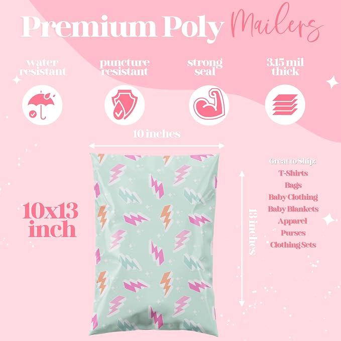 Pretty Package Store Designer Poly Mailers, 10x13, Lightning Bolt, 100 Pack | Heavy Duty, Waterproof, Self Seal, Tear Resistant, Shipping Bags for Small Business Packaging, Bulk Mailing Envelopes