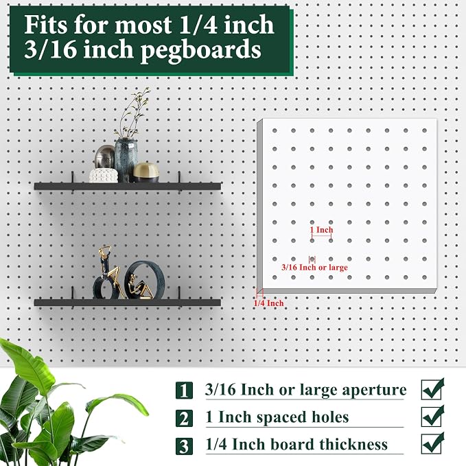 17X8 Inch Large Pegboard Shelves Set of 2, Metal Peg Board Shelves Accessories, Flat Display Shelves for Pegboard, Metal Retail Display for Storage and Organization, Black