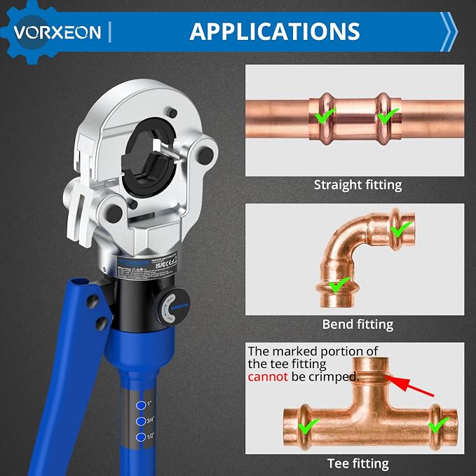 Hydraulic Copper pipe crimper with pipe cutter, Propress tool Vus Dies 1/2", 3/4", 1" With 360° Rotating head For Copper tube, Carbon/Stainless steel Pipes, With Durable Storage Case