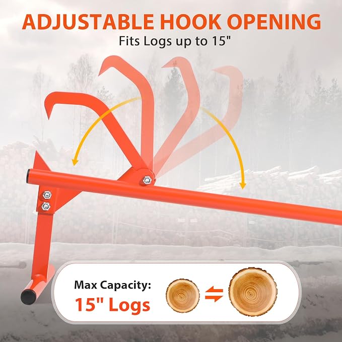 51" Long Handle Log Lifter, Adjustable Heavy Duty Log Roller, Cant Hook with Rubber Grip, Logging Tool for Rolling and Raising Log (Orange)