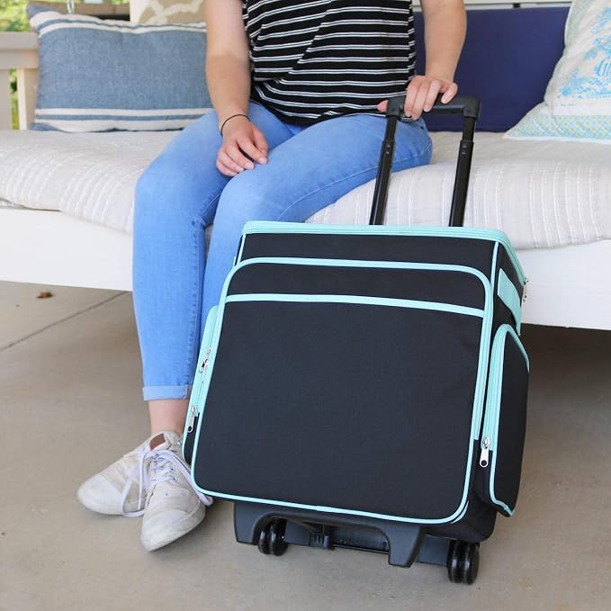 Everything Mary Rolling Scrapbook Tote – Black & Teal Craft Bag with Wheels – Organizer Case for Scrapbooking, Papercraft, Art Supplies & Creative Tools