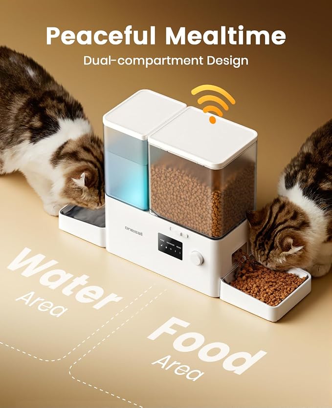 oneisall WiFi Automatic Cat Feeder and Water Dispenser, 2-in-1 Timed Cat Feeder and Gravity-Fed Water System, 36Cups/8.5L Large Capacity Pet Feeder, Easy-Clean Dry Food Dispenser with APP Control