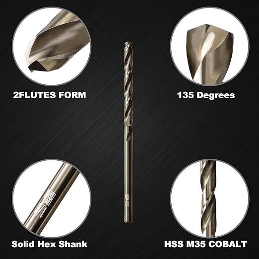 1/8 Drill Bits for Metal and Hard Steel(10pcs),M35 High Speed Steel Twist Jobber Metal Drill Bits,with Index Storage Case