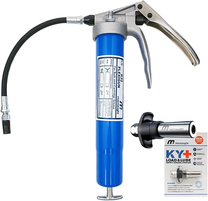 Macnaught Heavy-Duty Pistol Grip Grease Gun with 10 Year Performance Warranty. Includes Our Patented KYPLUS® Locking Grease Coupler (Locks on Tight, Won't Leak!)