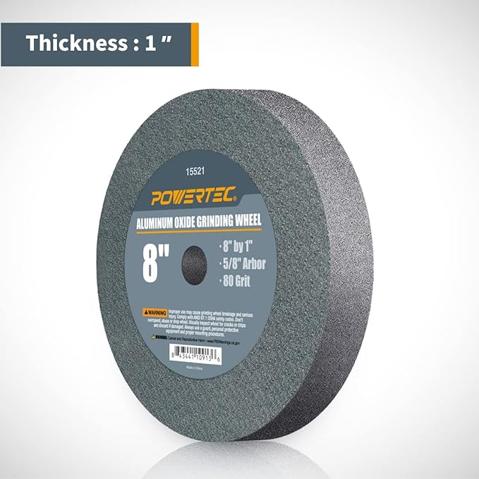 POWERTEC Bench Grinder Wheel 8 Inch White 80 Grit, White Aluminum Oxide Grinding Wheel for Bench and Pedestal Grinder, 1" Thick 5/8" Arbor, Sharpening & Shaping Drill Bits, Blade, Chisel, 2PK (15552)