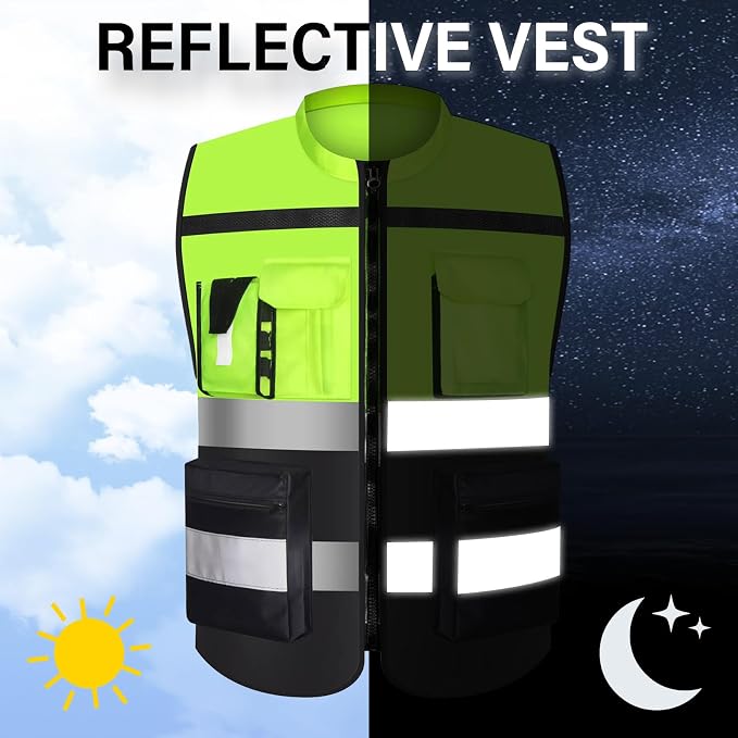 Safety Vest Two Tone for Men Women Work Vest with Pockets and Zipper Construction Workwear Vest